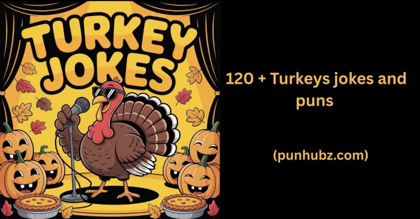 Funny turkey jokes and turkey puns feature image with cartoon turkey on stage in black and yellow theme.”