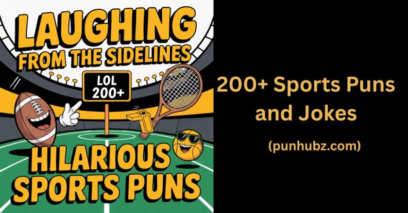 Funny feature image with sports puns in bold black and yellow theme.