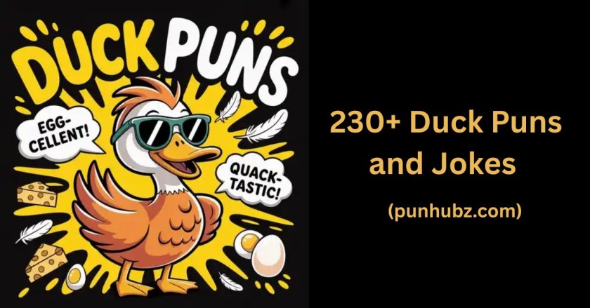 Funny cartoon duck wearing sunglasses with speech bubbles of hilarious duck puns on a black and yellow background, featuring the title โ Duck Puns.โ