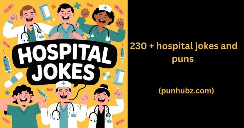 Funny black and yellow illustration featuring doctors, nurses, and patients laughing together with the text “Hospital Jokes”