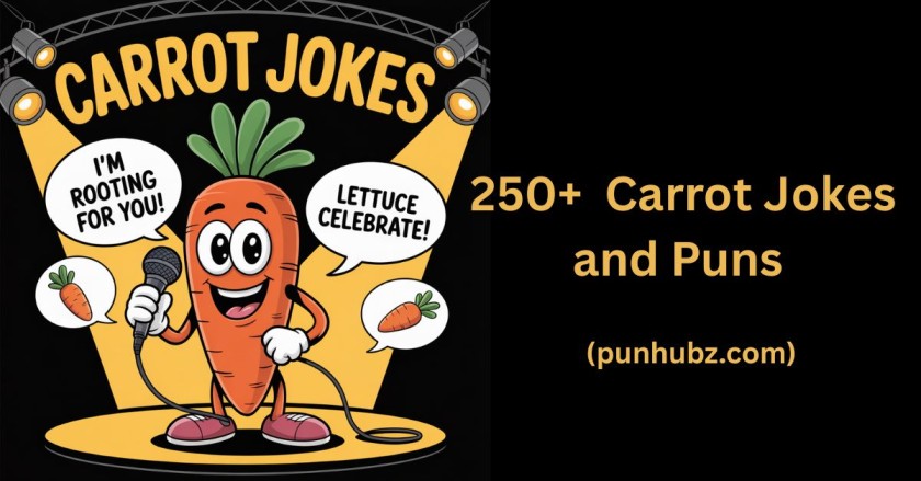 Funny cartoon image of a carrot jokes telling on stage with a black and yellow theme, promoting 250+ carrot jokes