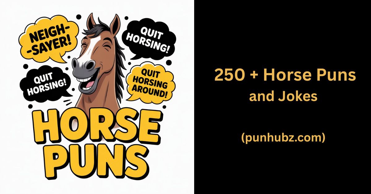 Funny cartoon horse laughing in a black and yellow theme with โHilarious Horse Puns