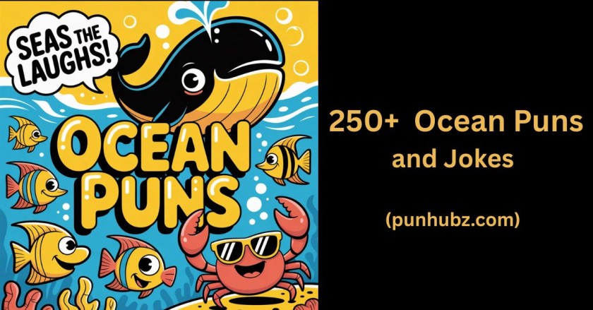 Funny cartoon-style black and yellow feature image with ocean animals and bold text that says "Ocean Puns" โ perfect for a humorous sea pun blog post.