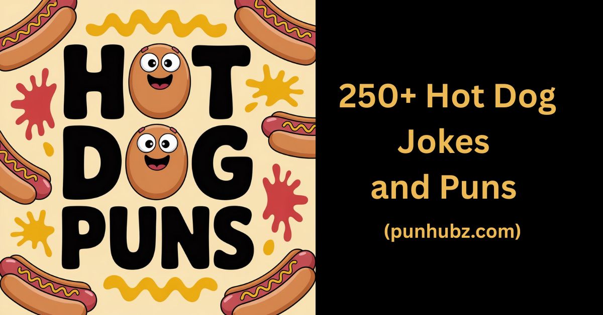 Funny hot dog puns and jokes feature image in black and yellow theme with cartoon hot dogs, bold title text, and humorous food elements.