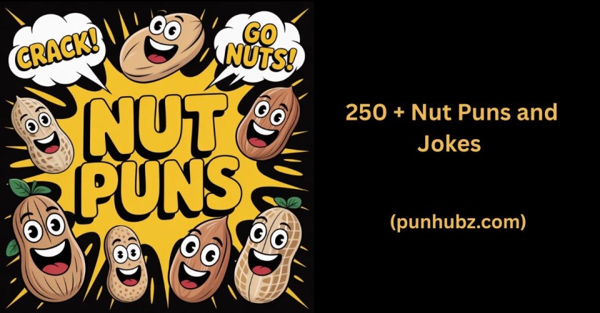 Funny Nut Puns feature image with cartoon nuts laughing on a black and yellow background, showcasing the title “ Nut Puns ”