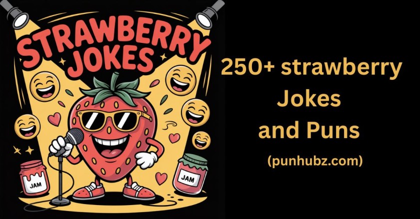 Funny cartoon strawberry telling jokes on stage in a black and yellow theme with bold text saying Strawberry Jokes – humorous design focused on strawberry jokes.