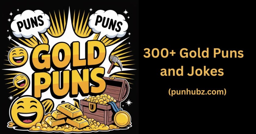 Feature image with the text " Gold Puns" in bold yellow on a black background, surrounded by cartoon gold bars, laughing coins, and sparkles , visual theme focused on funny gold puns and jokes.