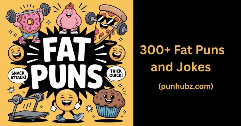 Funny cartoon-style feature image of a chubby hippo surrounded by snacks with text Fat Puns in bold yellow on a black background โ perfect for a humorous blog post about fat puns."