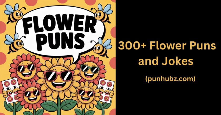 Funny cartoon-style flowers in black and yellow theme with speech bubbles, showcasing “Flower Puns” as the main keyword in bold text.