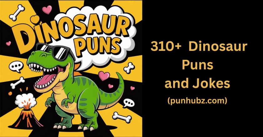 Cartoon dinosaur in black and yellow theme laughing with comic-style text bubbles, featuring the main title " Dinosaur Puns" – funny feature image for dinosaur puns article.