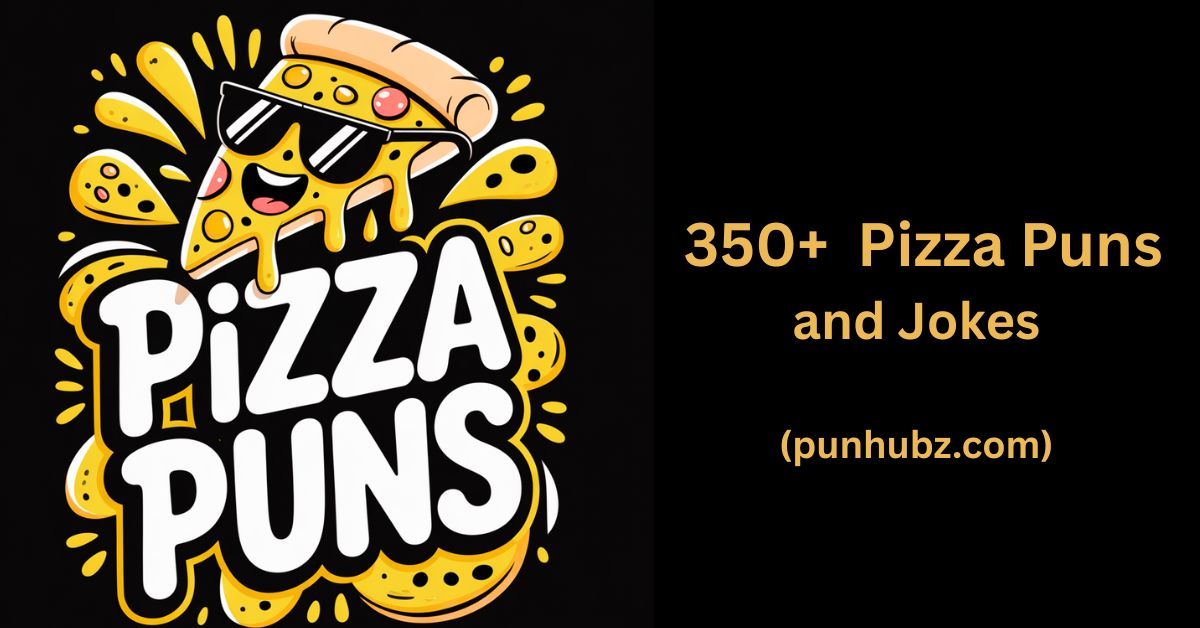 Funny black and yellow graphic of a cartoon pizza slice with sunglasses promoting pizza puns for social media and captions.