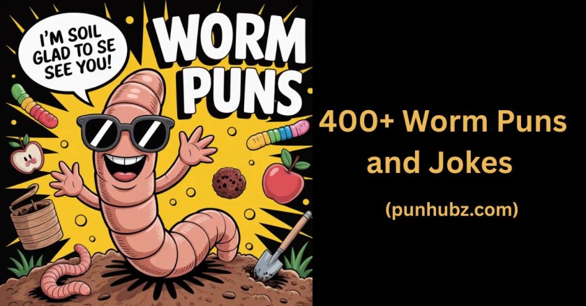 Funny black and yellow cartoon image with smiling worm and the text Worm Puns perfect feature image for a pun-packed blog post about worm puns