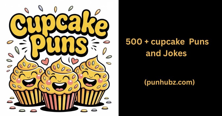 Funny black and yellow themed feature image with smiling cupcakes and frosting, showcasing the title β Cupcake Puns!β