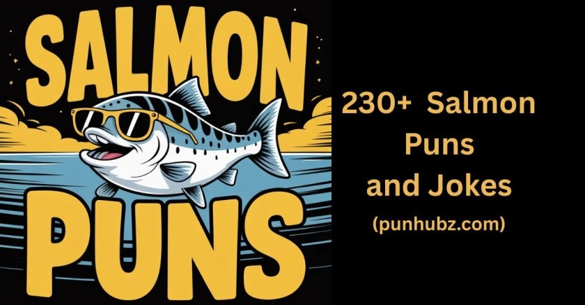 Funny black and yellow cartoon illustration of salmon with sunglasses and comic expressions, promoting Salmon Puns in bold yellow text"