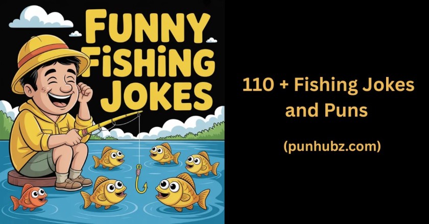 Funny fishing jokes feature image with cartoon fisherman and smiling fish in a black and yellow theme, representing humorous fishing puns and one-liners.