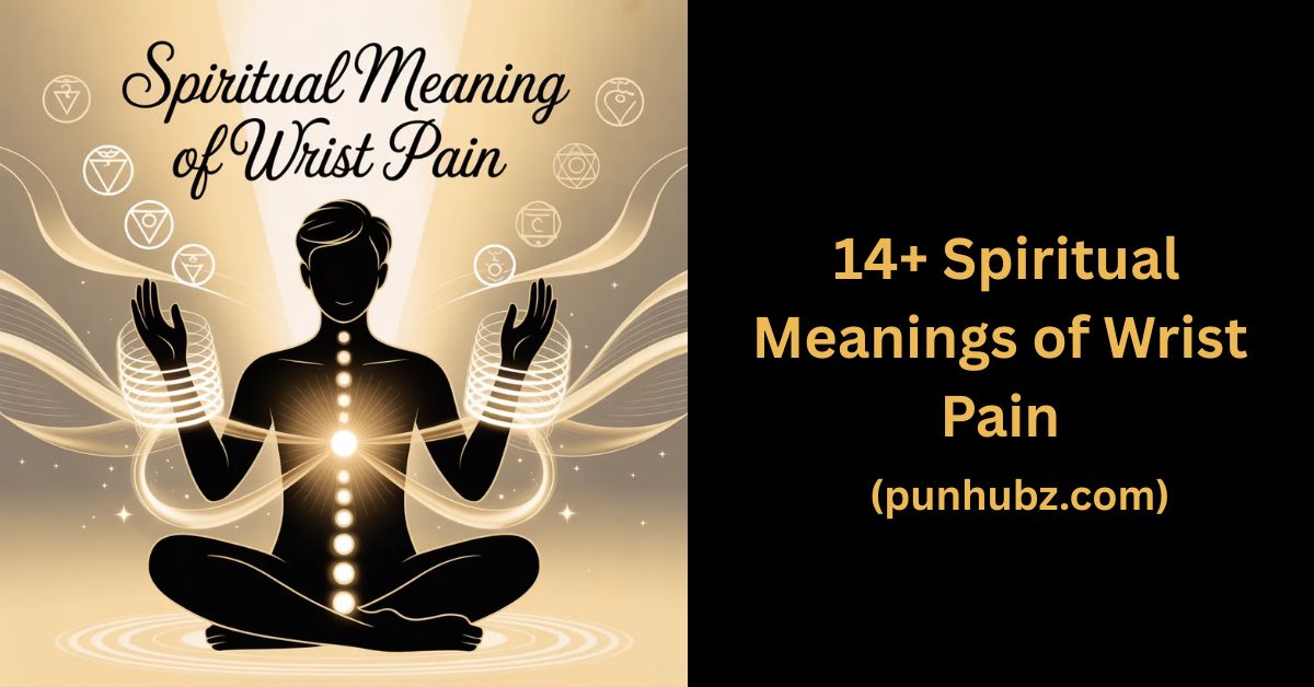 Spiritual black and yellow illustration depicting the spiritual meaning of wrist pain with glowing energy around wrists and meditative healing energy flow.