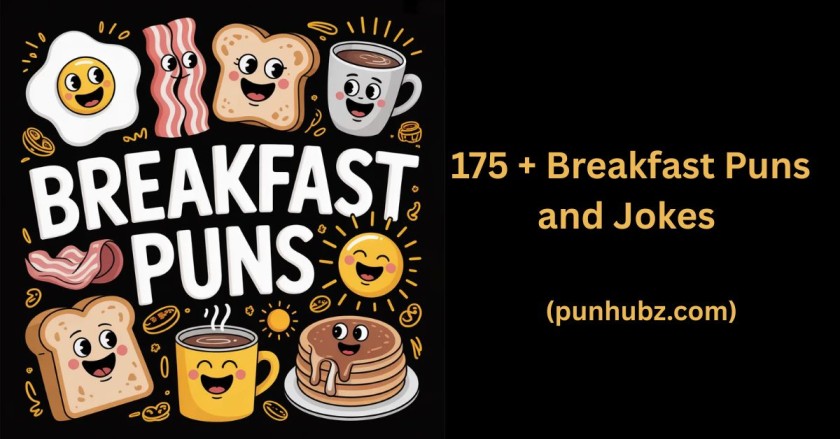 Funny black and yellow illustration of breakfast foods like eggs, bacon, and toast laughing together with the title βBreakfast Puns,β representing a humorous morning vibe.