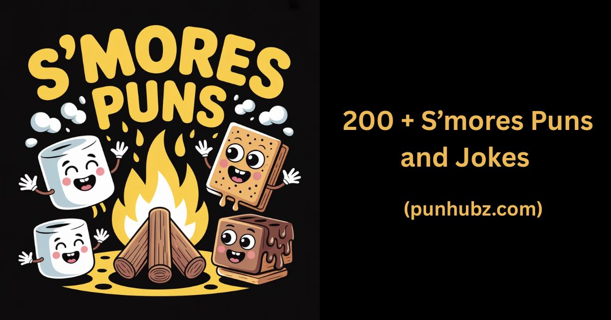 Funny black and yellow feature image showing cartoon s’mores, chocolate, and marshmallows laughing around a campfire with the title “S’mores Puns” — perfect for a blog about s’mores puns, jokes, and captions.