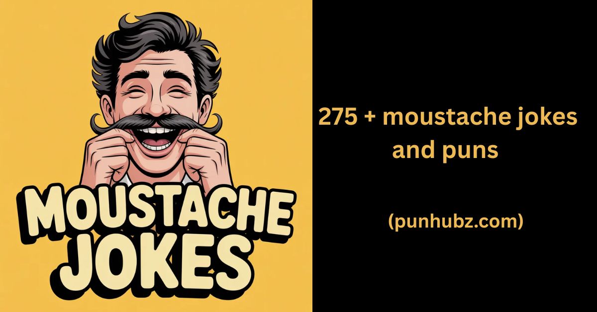 Funny illustration of a man with a large curly moustache laughing and telling a joke, black and yellow themed image with the text 'Moustache jokes'