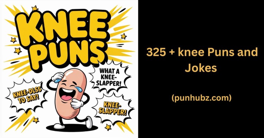 Funny black and yellow feature image for “ Knee Puns” with a cartoon knee character laughing, showcasing humorous knee jokes and wordplay.