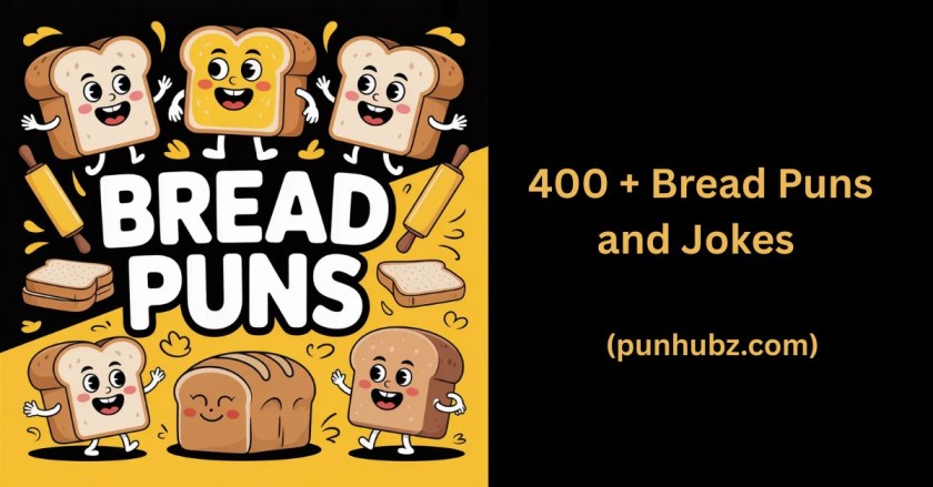 Funny Bread Puns feature image with cute cartoon loaves and toast on a black and yellow background playful design for “Bread Puns That Are on a Roll.”