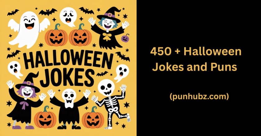 Funny Halloween jokes illustration with ghosts, pumpkins, witches, and skeletons laughing, in a black and yellow theme, featuring the text โHalloween Jokesโ.