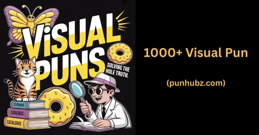 Funny black and yellow feature image showing creative visual puns with bold โVisual Punsโ text in modern flat-vector style.