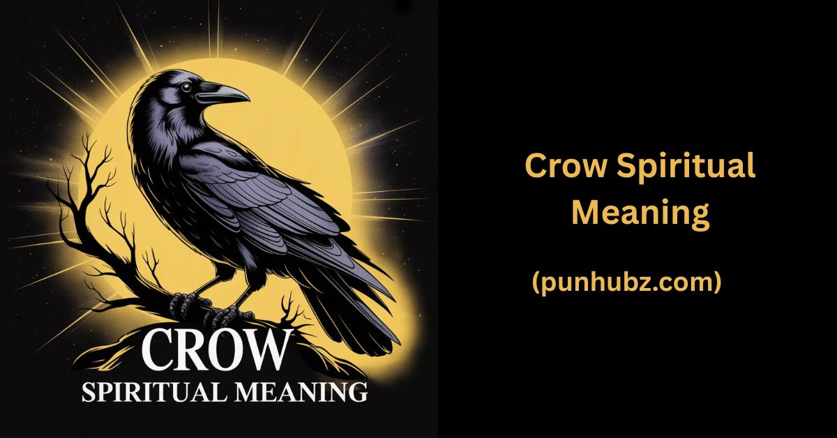 Black and yellow mystical illustration of a crow representing a crow spiritual meaning, perched on a glowing branch with spiritual light